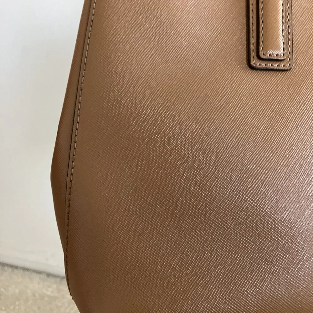 Tory Burch Double Zipper Beige/Tan Leather Tote Bag Top Handle & Strap - Picture 14 of 15